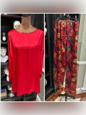 Five to Nine by Vanity Fair Vintage Satin Pajama Set Red Tunic & Printed Pant